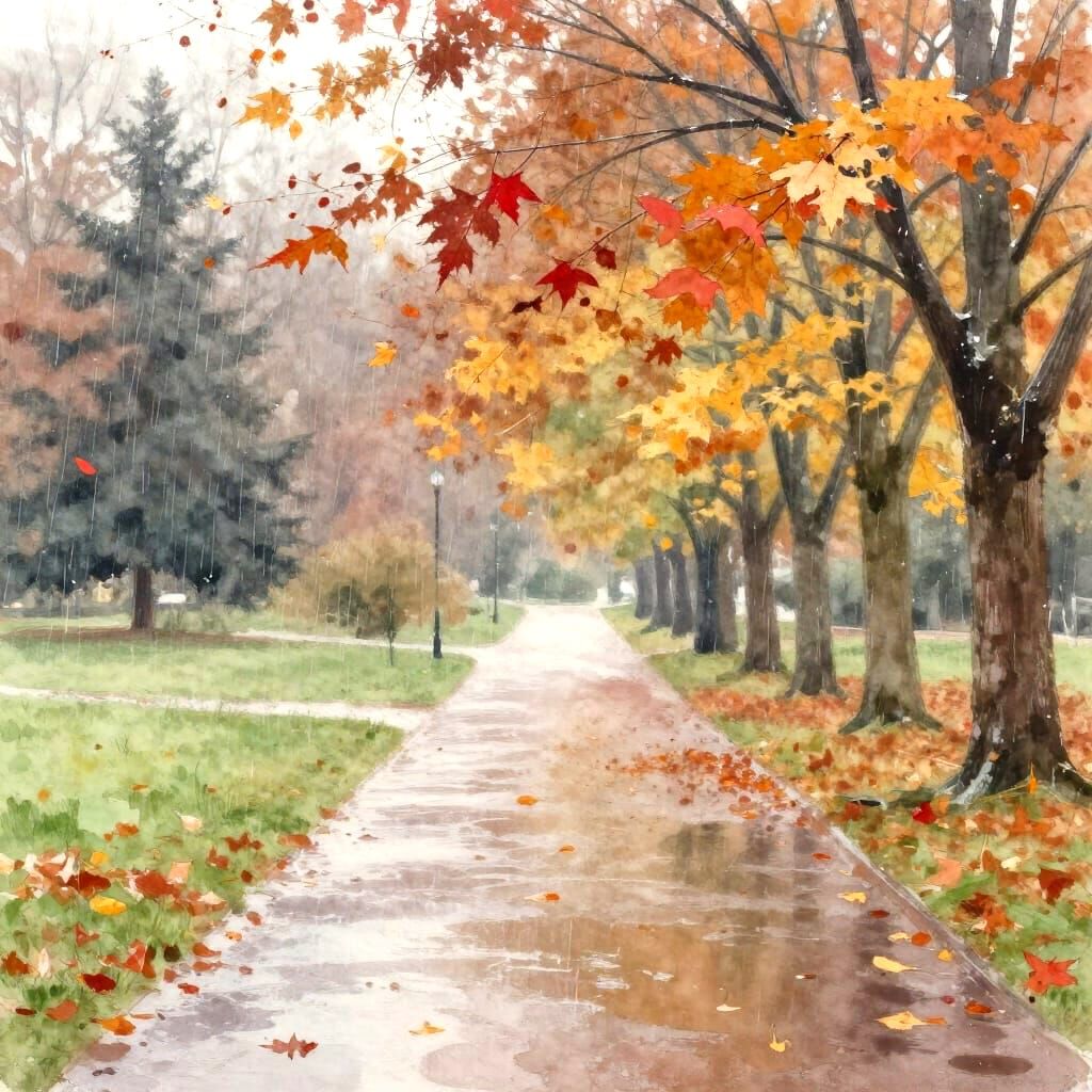 Rainy Autumn Park Scene in Pastel Hues