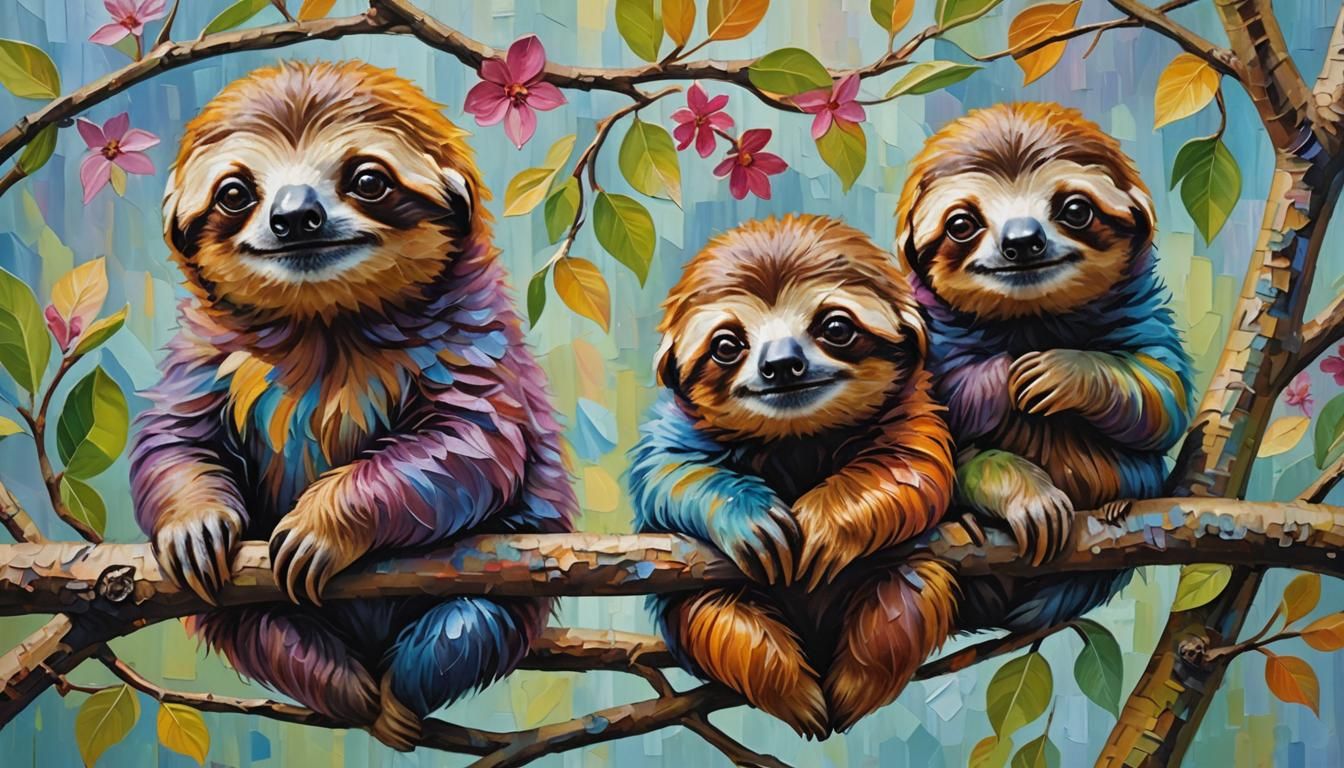 Colorful Baby Sloths on Branch in Impasto Painting