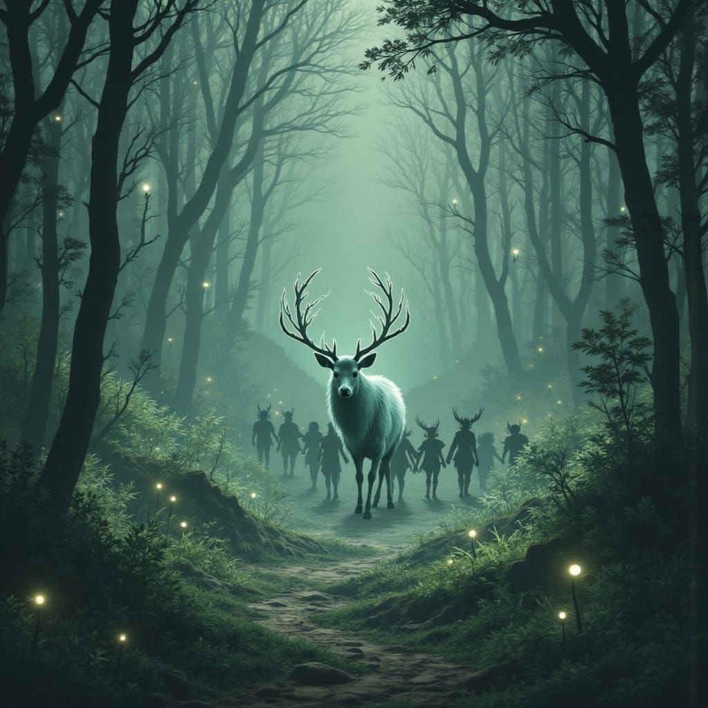 Ethereal Deer Leads Sprites Through Enchanted Forest