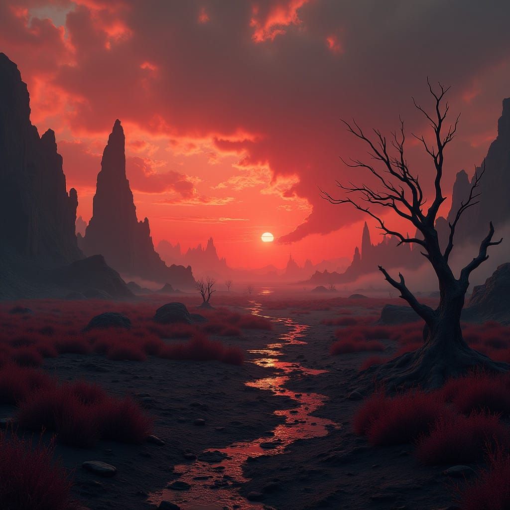 Surreal Crimson Hellscape in Haunting Matte Painting Style