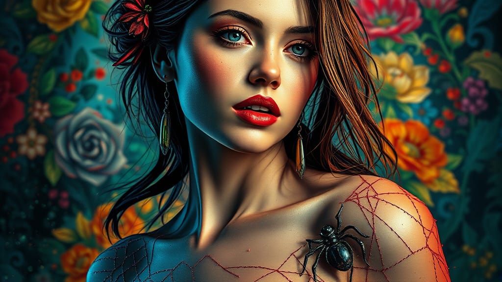 Seductive Woman Trapped in a Web of Intricate Beauty