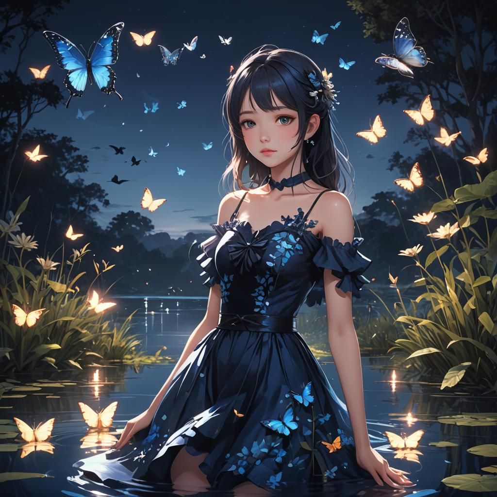 a young pretty girl with a dark blue dress in a lake at nigh...