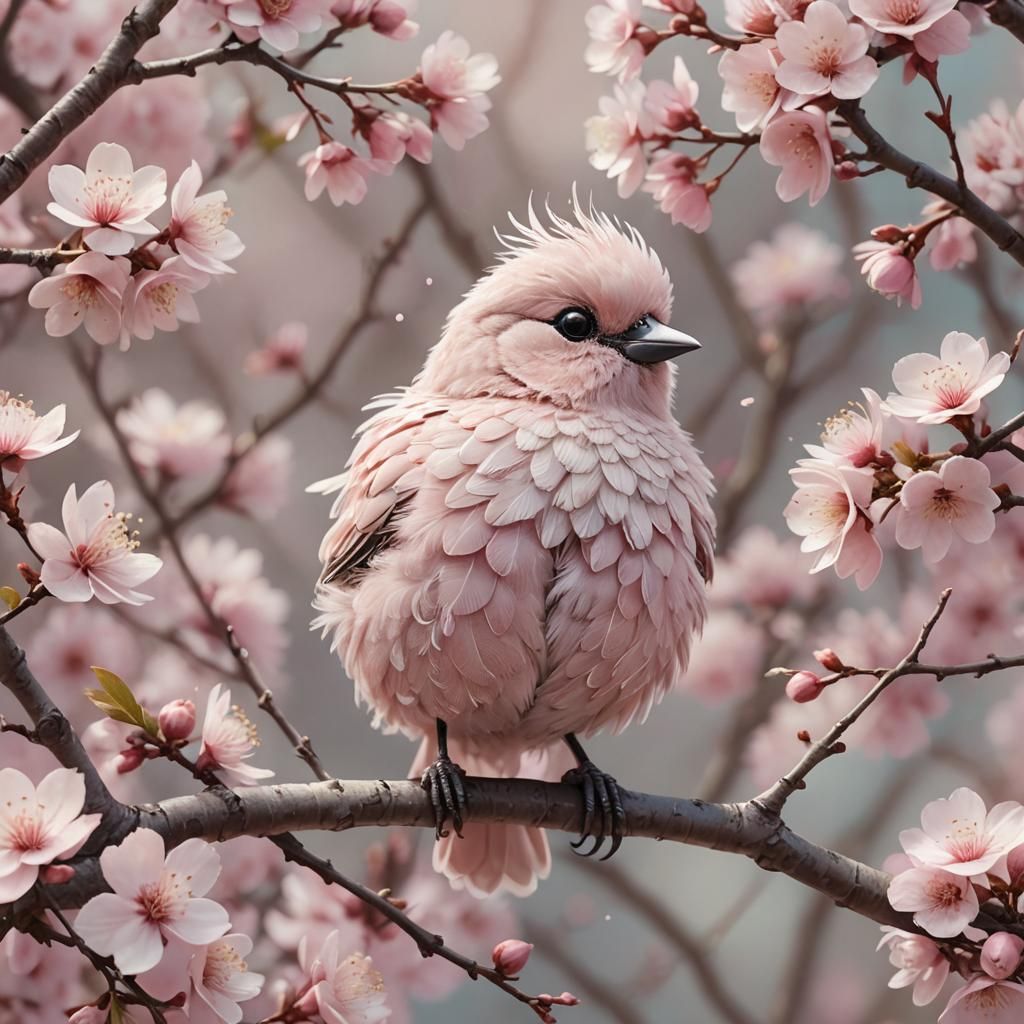 Pink Bird in Blossoms: Storybook Illustration