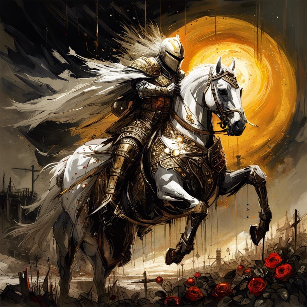Angelic Knight Rides to Battle in Sinister Oil Painting
