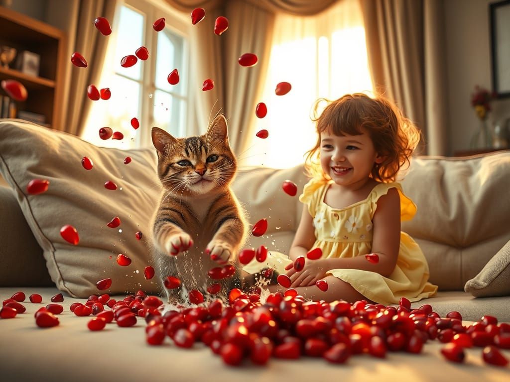 Whimsical Cat and Girl Scene in Vibrant Colors
