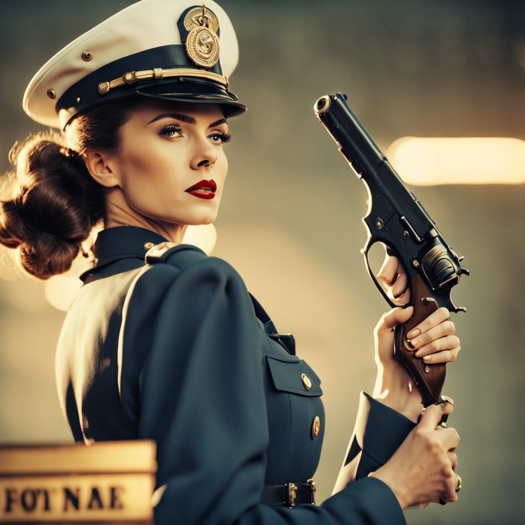 Marine in Dress Blues with Pistol, Retro Film Aesthetic