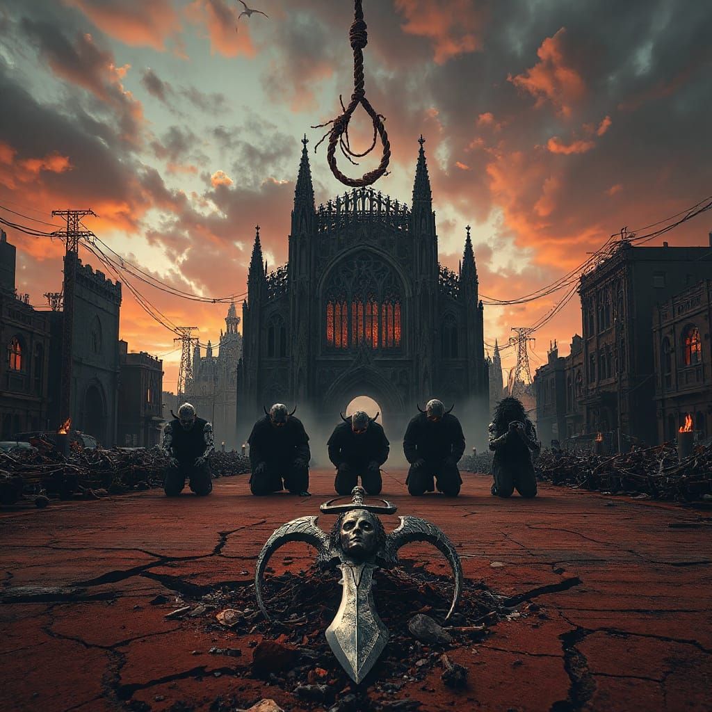 Post-Apocalyptic Cityscape at Dusk in Melodic Death Style