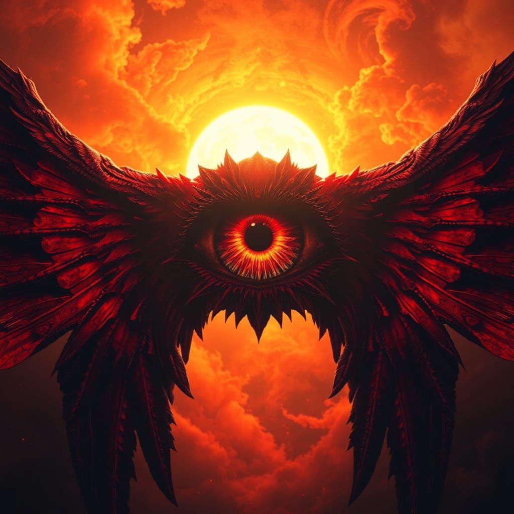 Blood-Drenched Winged Eye Soaring Towards the Sun