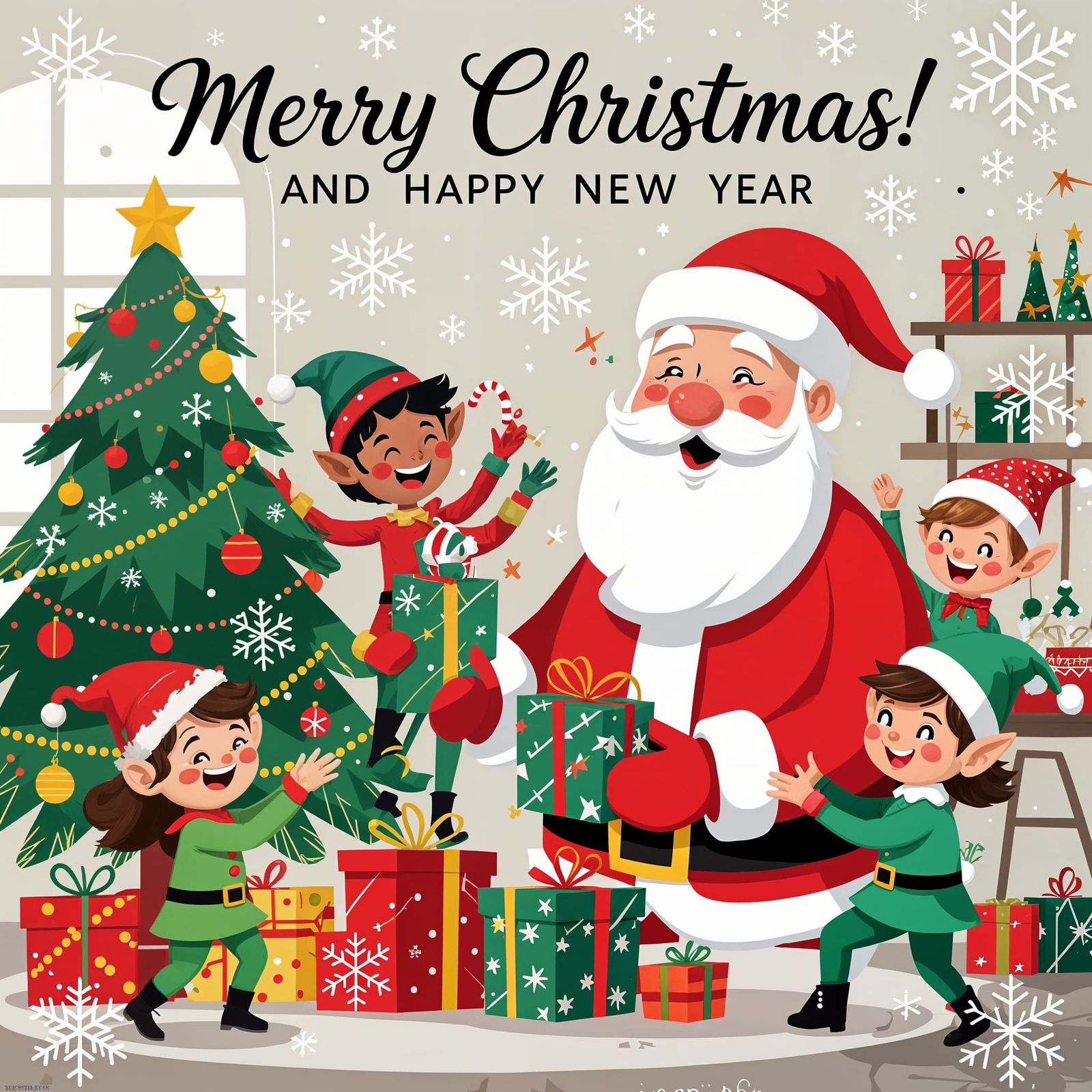 Modern Christmas Card: Santa and Elves in Festive Style