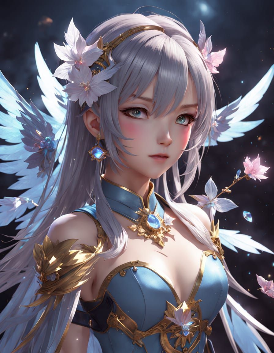 Anime Angel with Crystal Flowers in Digital Art
