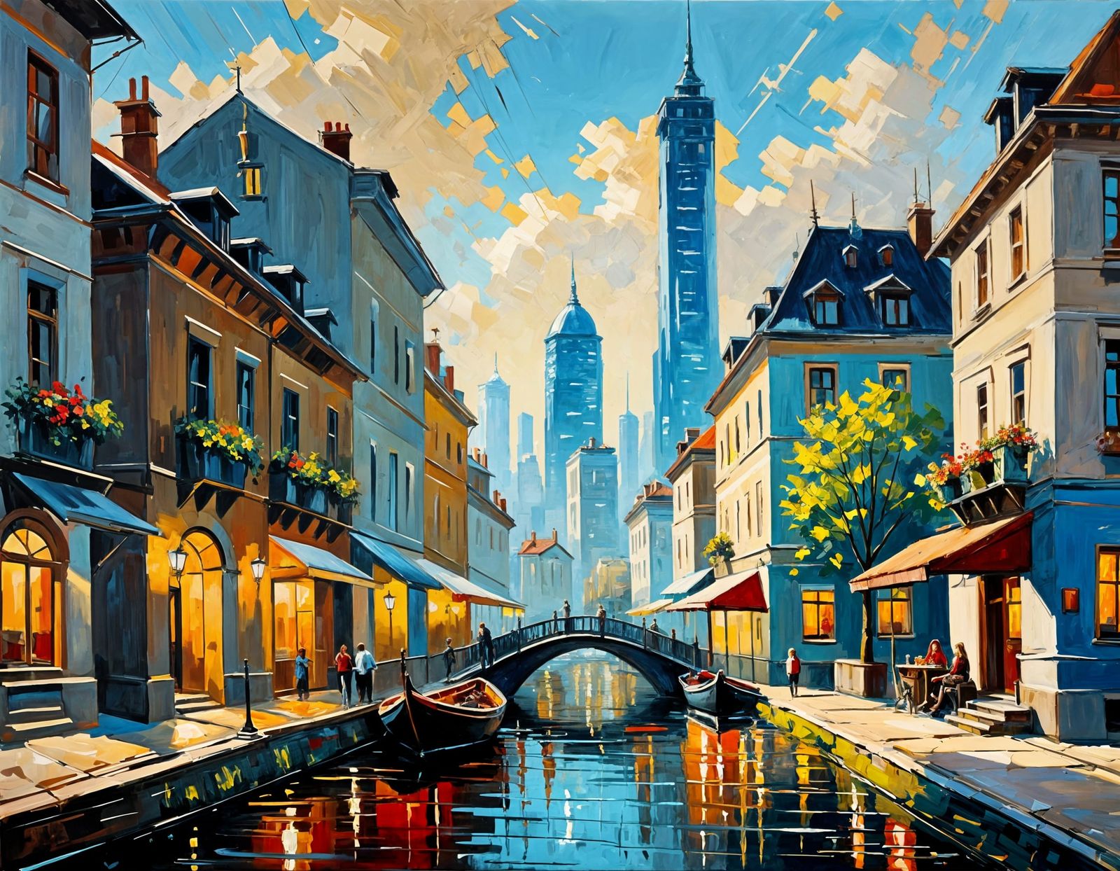 Cyborg Woman Gazing at Futuristic City, Impasto Oil