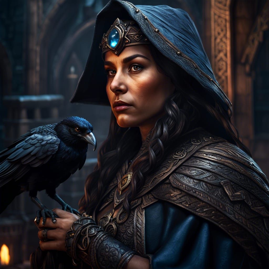 Dwarven Sorceress with Crow Familiar: Hyperrealistic HDR Ima...