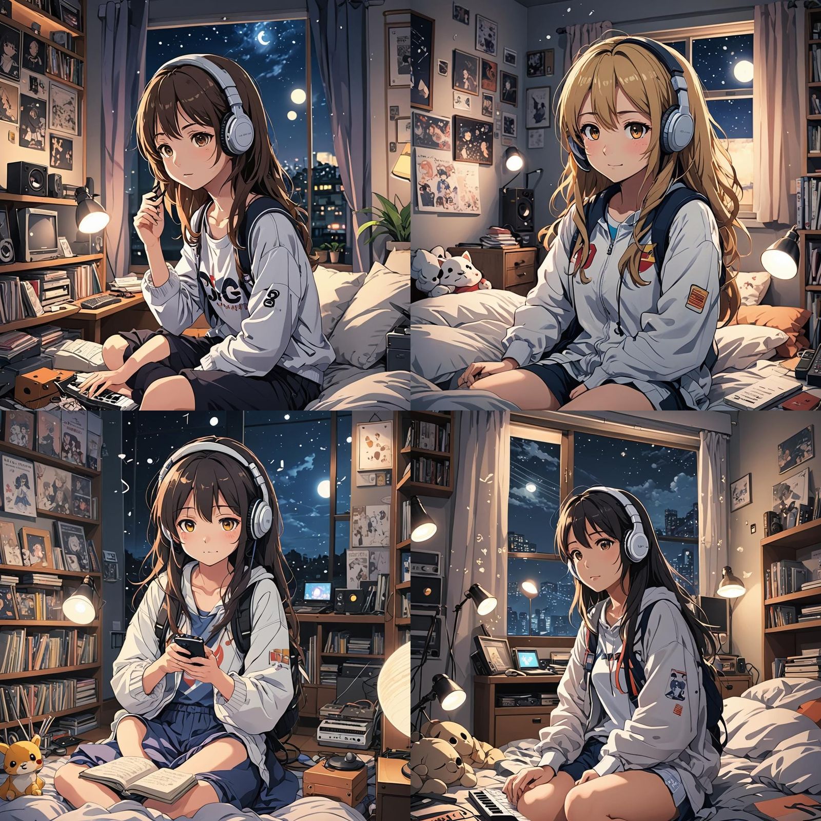 Anime Girl Listening to Music at Night
