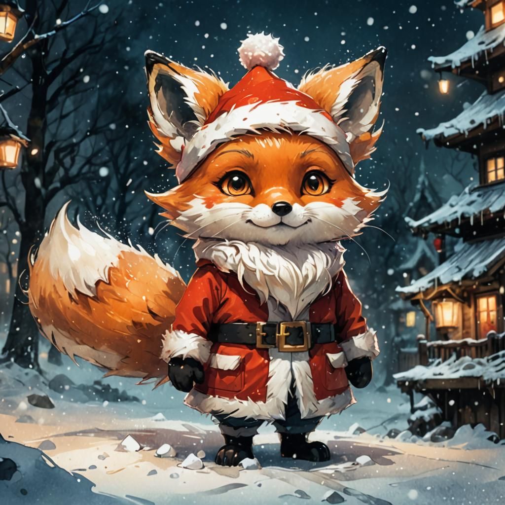 Chibi Christmas Fox Santa Claus in Vibrant Watercolor Style
