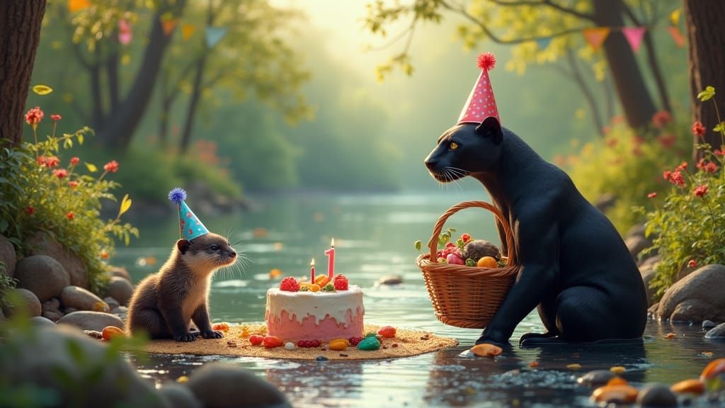 Baby Otter's Joyful Forest Birthday Party in Whimsical Style