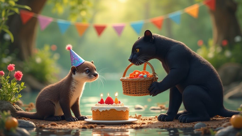 Joyful Riverbank Birthday Celebration in Whimsical Style