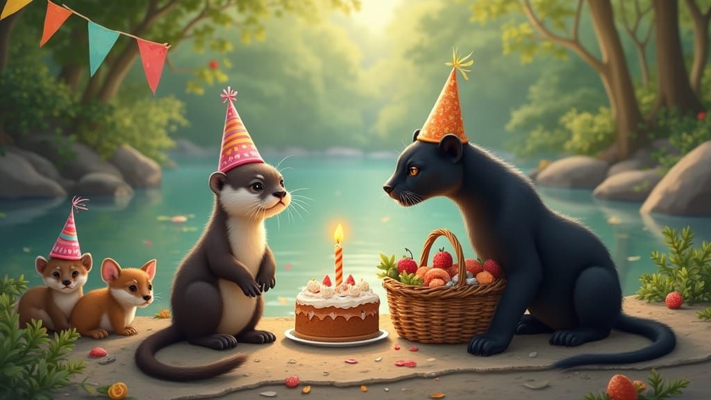 Whimsical Riverbank Birthday Celebration in Watercolor Style