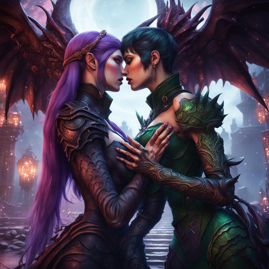 Morrigan and Kerrigan Kissing: Fantasy Concept Art