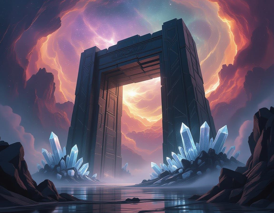 Ancient Obsidian Gateway in Cosmic Nebula