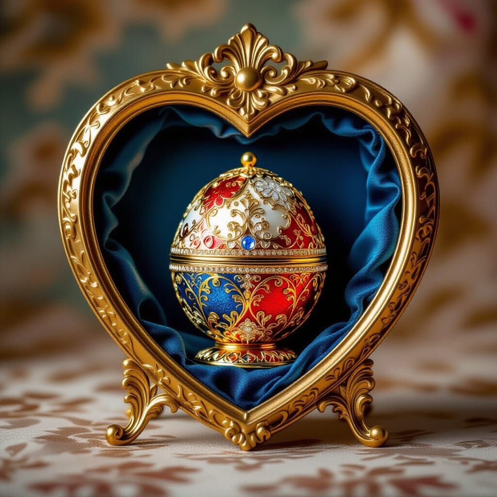 Faberge Egg with Golden Filigree in Heart Frame