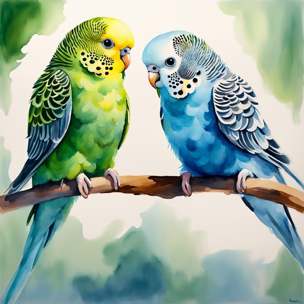 A watercolor of two cute budgies