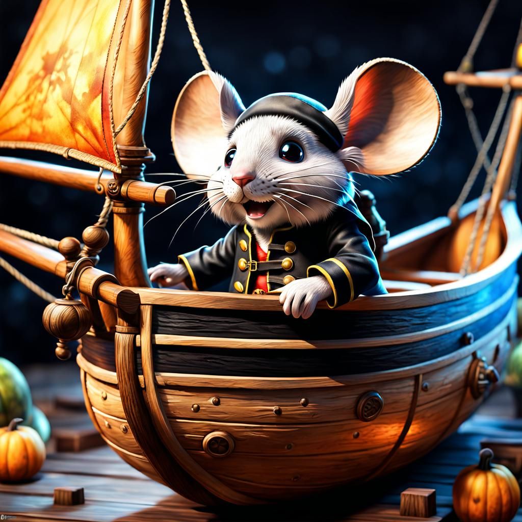 Cute Pirate Mouse in Gourd Ship: 3D Anime Art