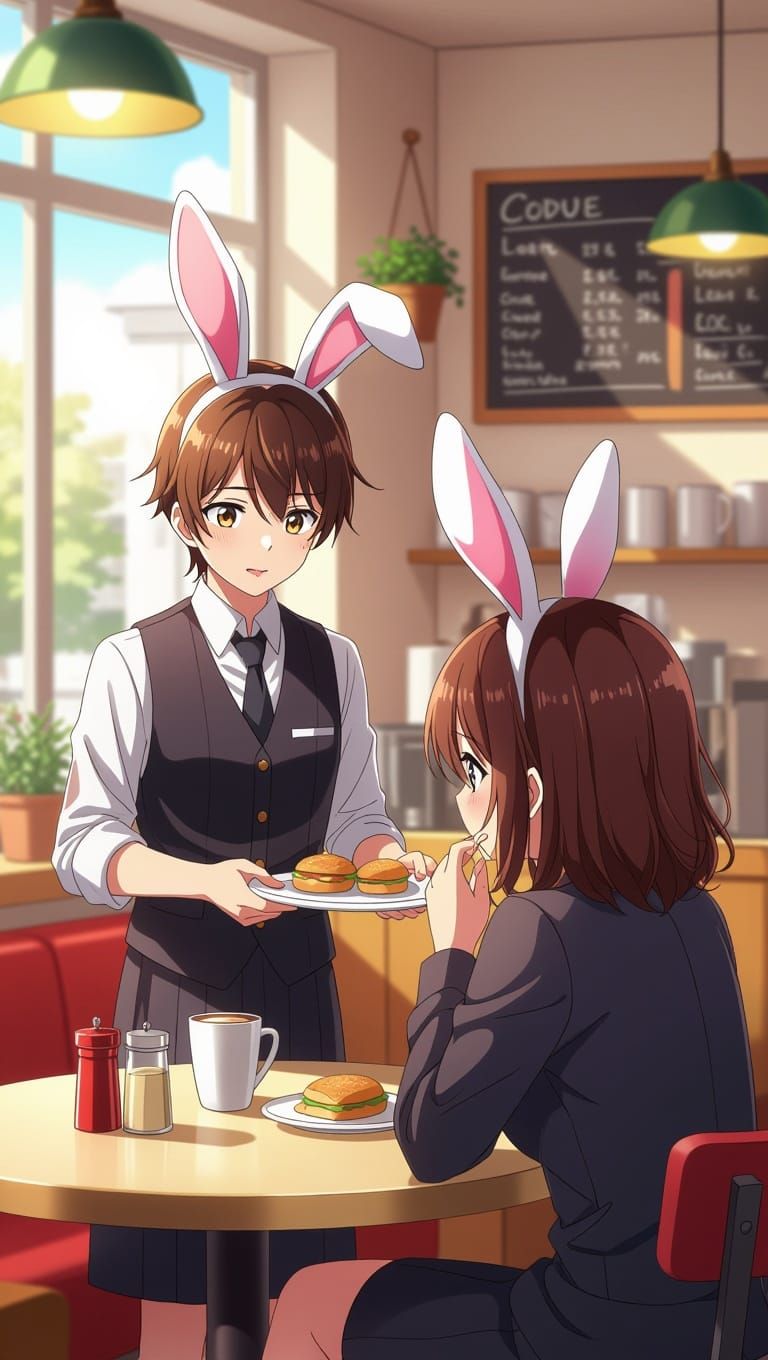 Bunny Waiter Serves Blushing Customer in Manga Style