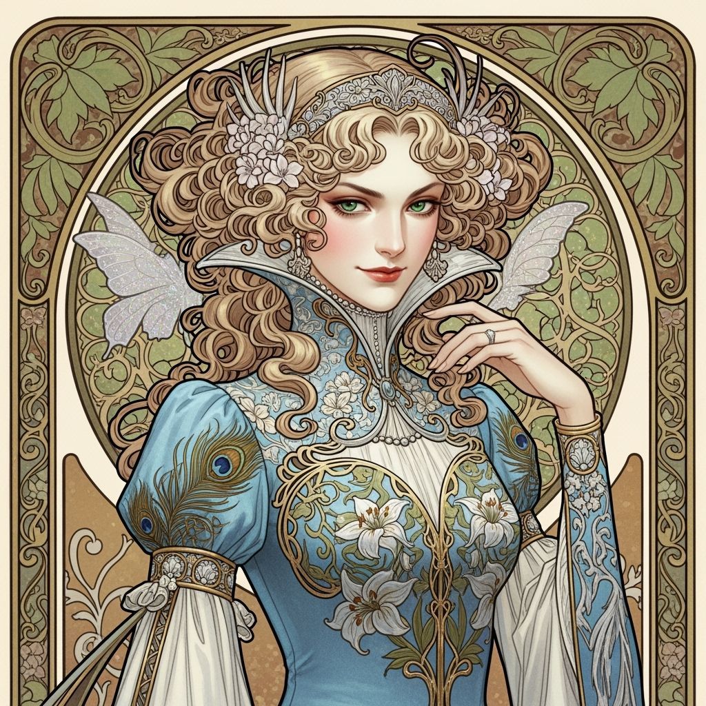 Elegant Woman with Scheming Look in Mucha Style
