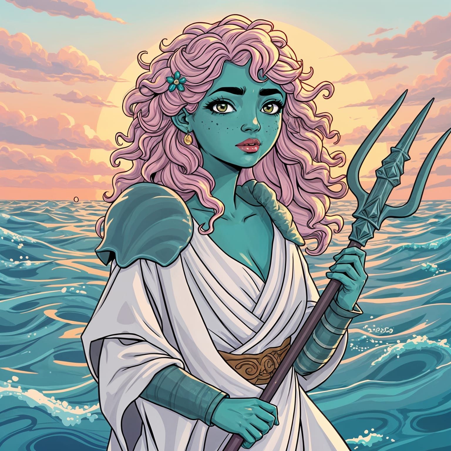 Sea Nymph Druid in Pastel Comic Art