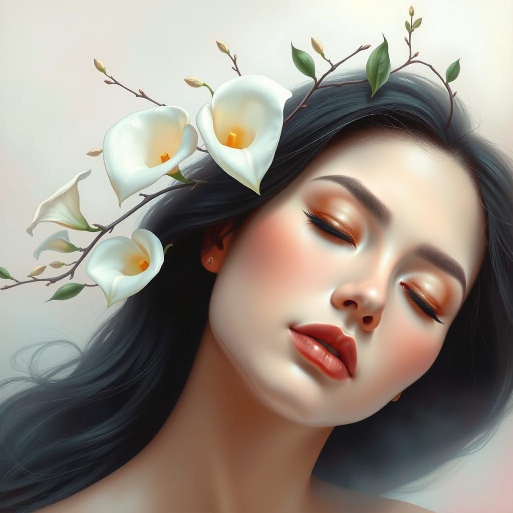 Serene Woman with Whimsical Floral Crown in Dreamy Digital P...