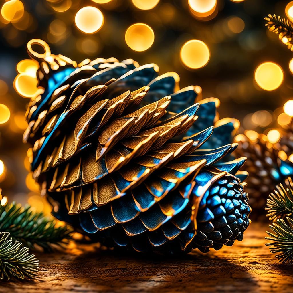 Golden Pine Cone Christmas Ornament in Bioluminescent Colors