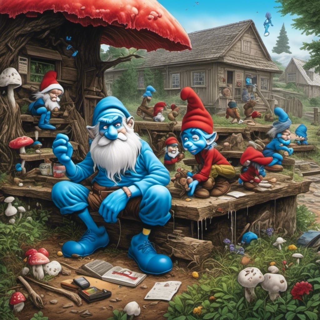 Hyperrealistic Smurf Death Scene as Graffiti Art