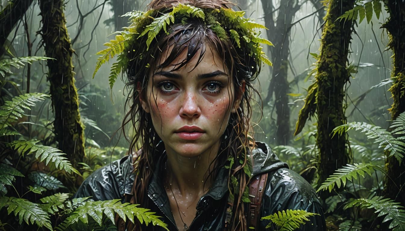 Beautiful portrait of wet beautiful woman hiding under ferns from rain