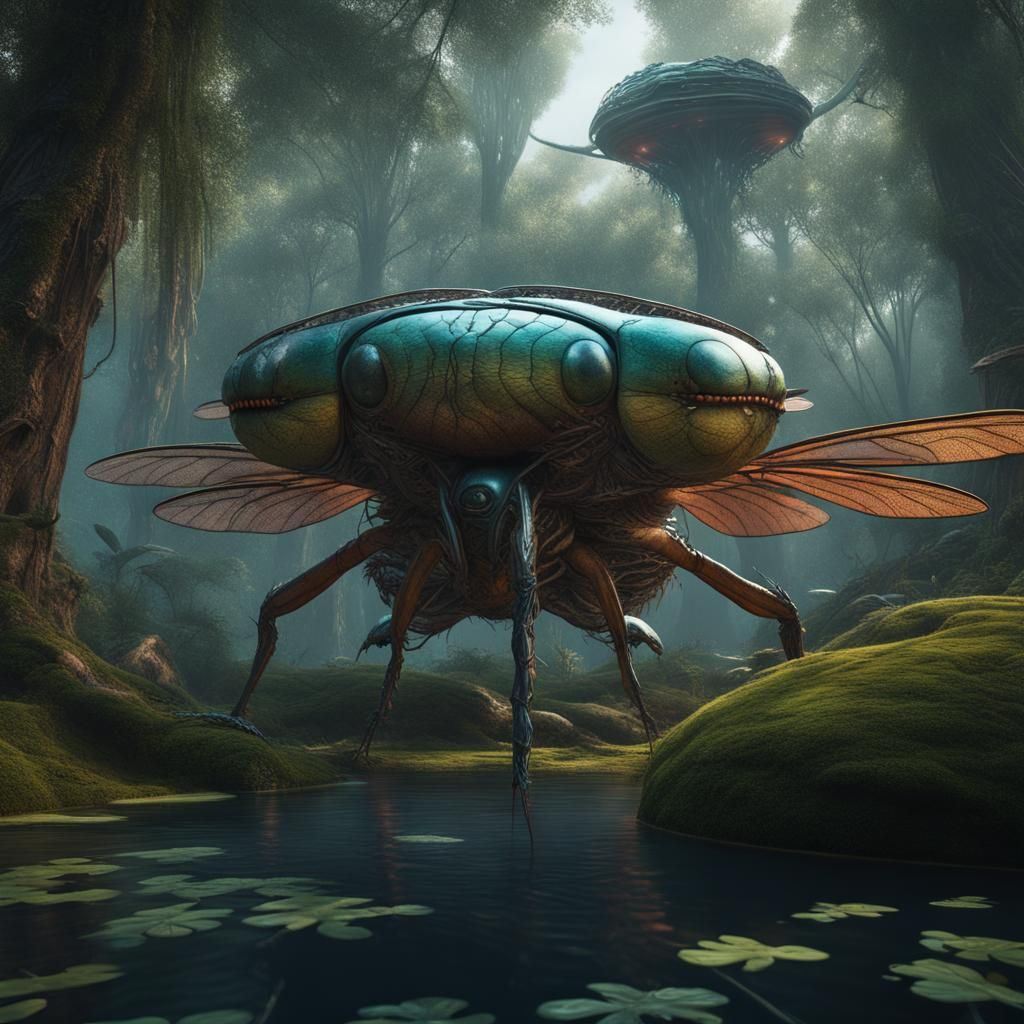 Dragonfly Aliens Carrying Cocoon in Ancient Forest