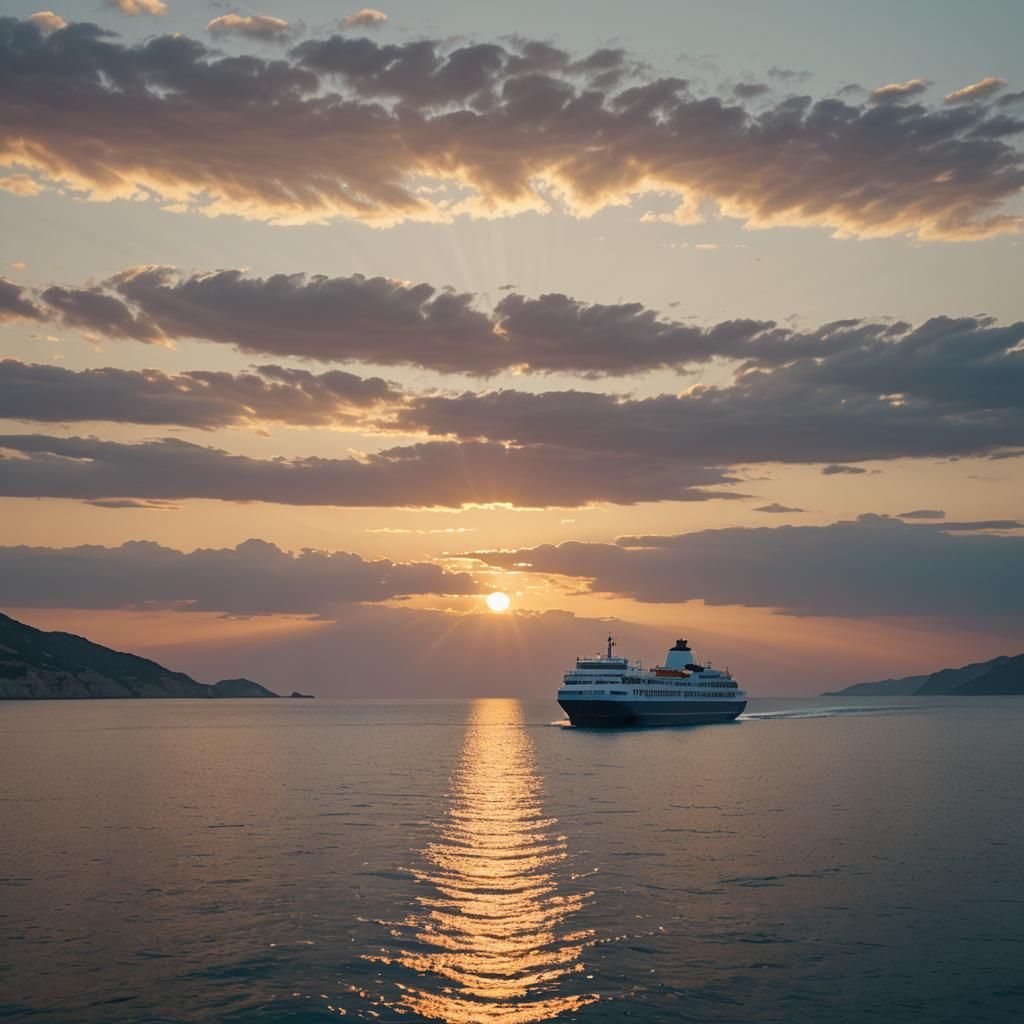 Greek Island Ferry in Shinkai-Inspired Golden Light