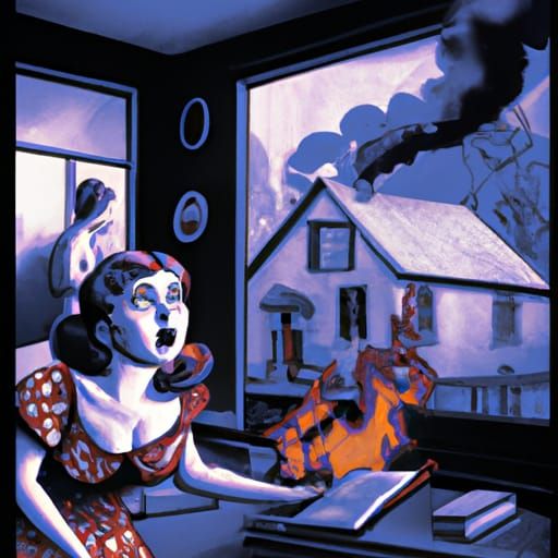 A Housewife's Horror: House Ablaze in Engraving Style