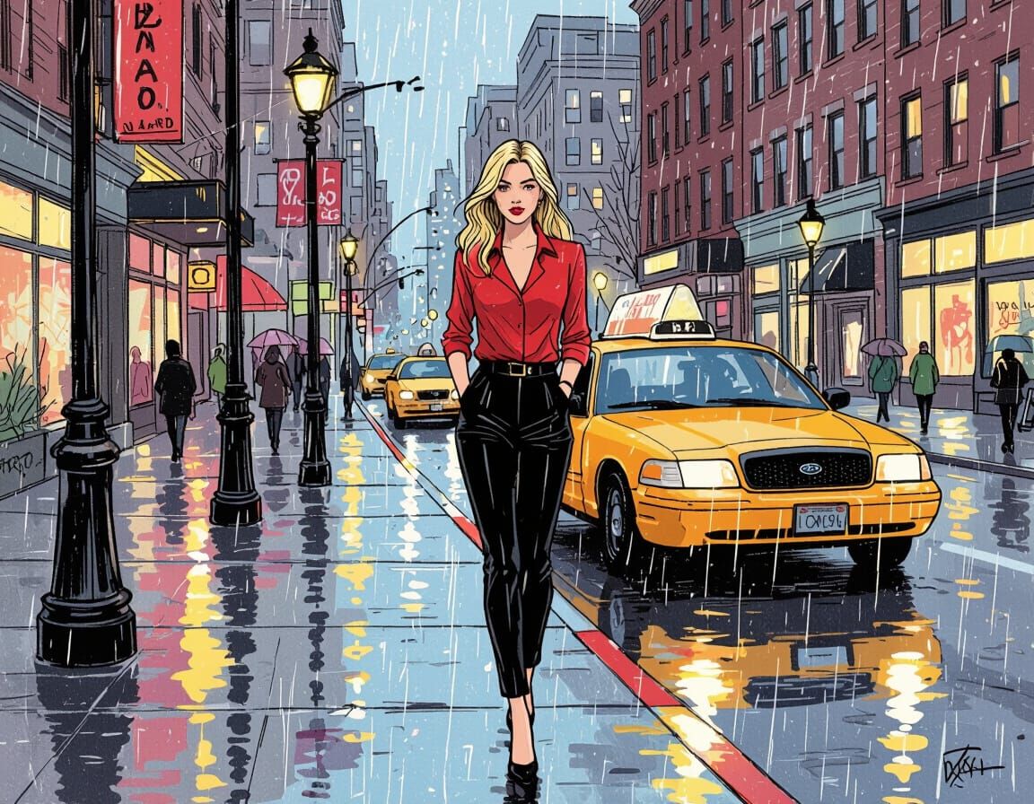 Woman in Rainy Boston Taxi Line, Colored Ink Style