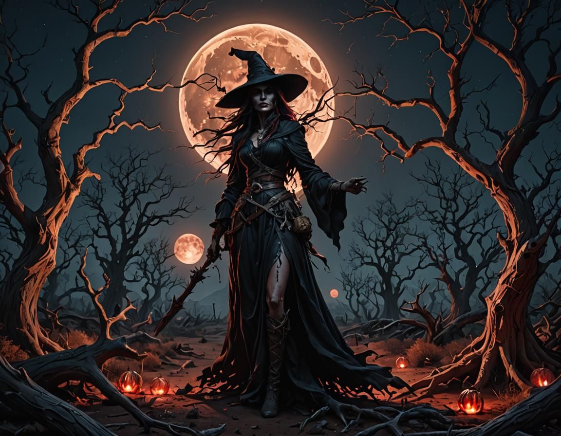 Sensual Witch Under Bloody Moon, Dark Fantasy Art