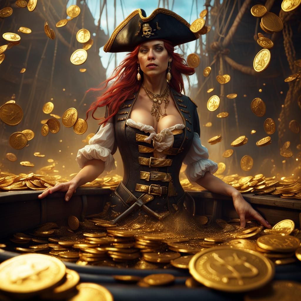 Pirate Woman Bathes in Gold Coins: Detailed Matte Painting
