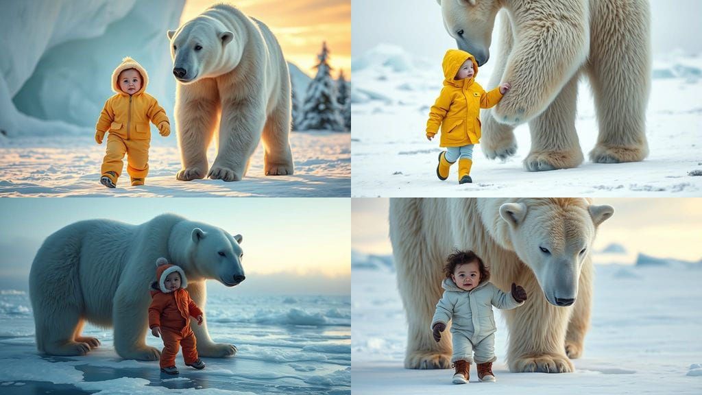 Child Surrounded by Majestic Polar Bear in Hyperrealistic Sc...