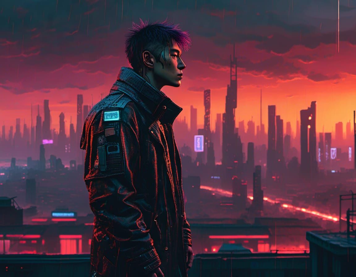 Cyberpunk Cyborg in Leather Coat at Sunset