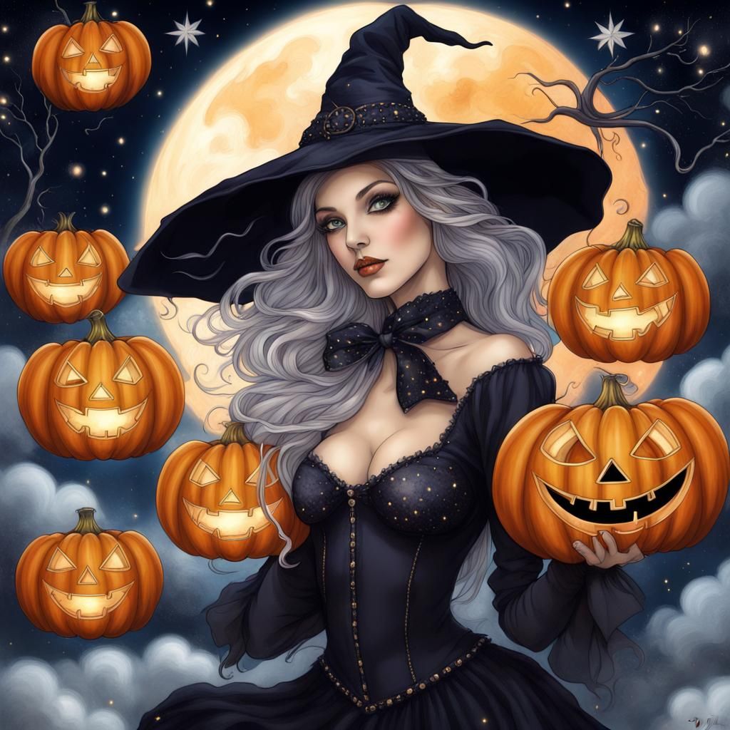 Beautiful Witch at Halloween Night in Splash Art