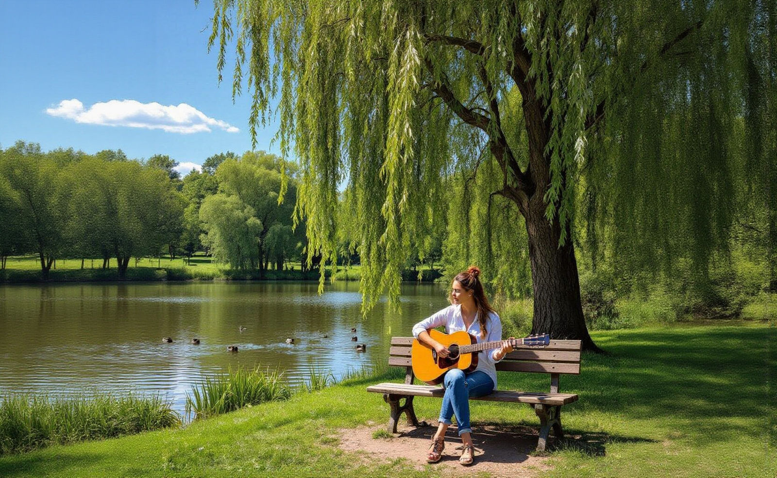 Woman Plays Guitar by Pond Under Willow Tree