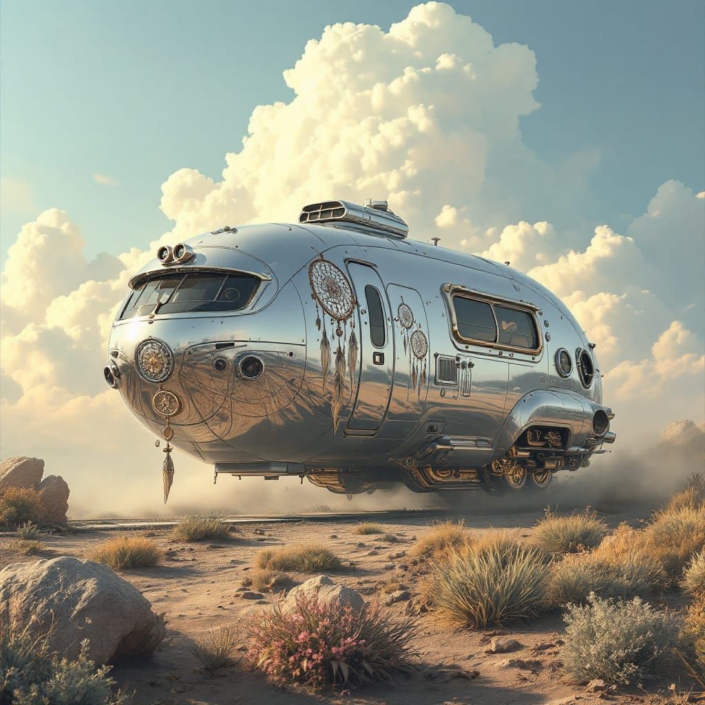 Retro-Futuristic Camper Van Merged with Bullet Train