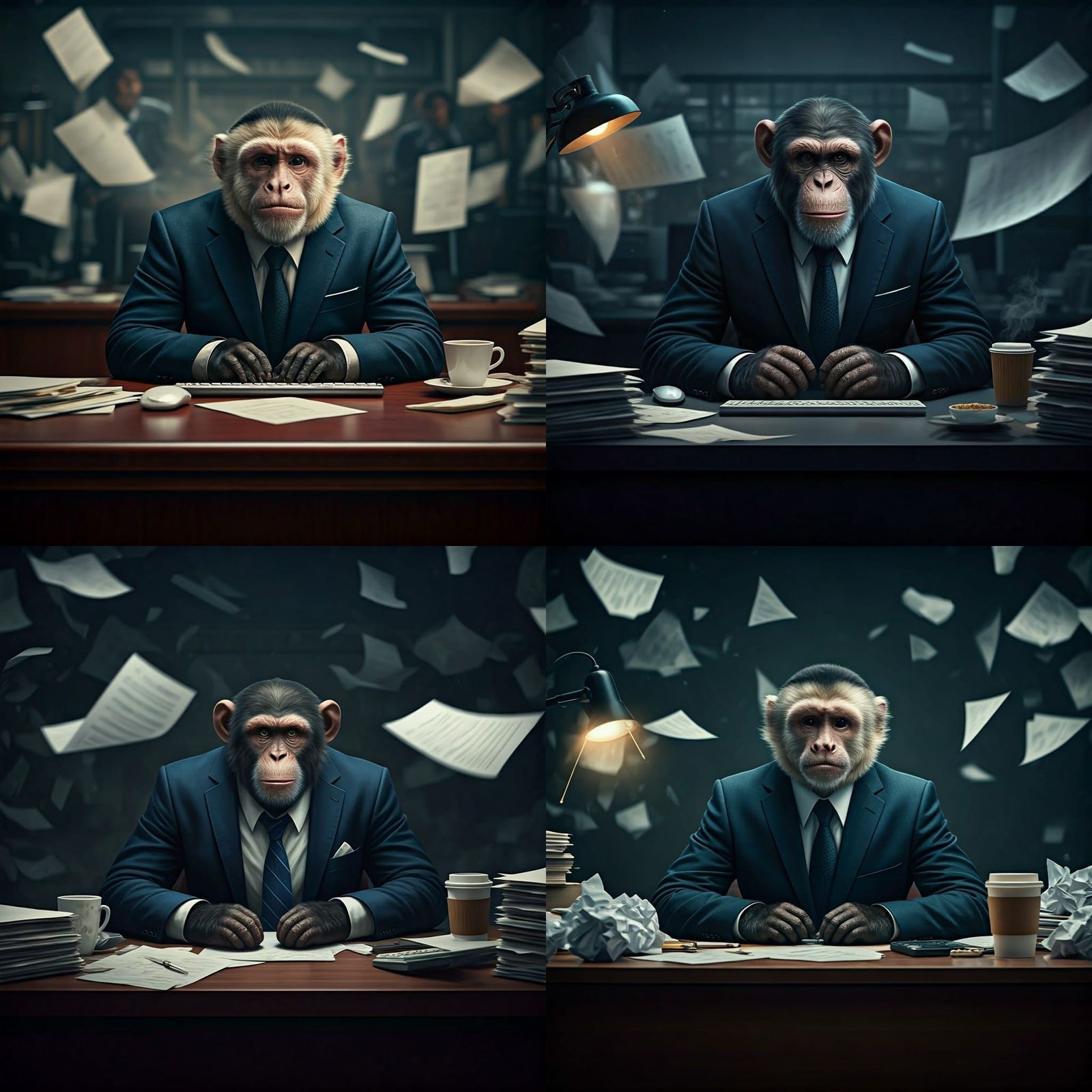 Stressed Monkey Businessman in Chaotic Office