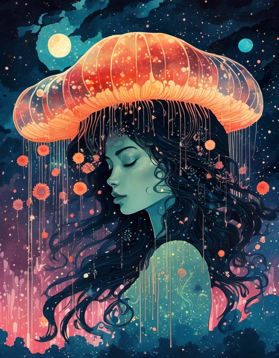Starry Night Jellyfish: Surreal Double Exposure Collage
