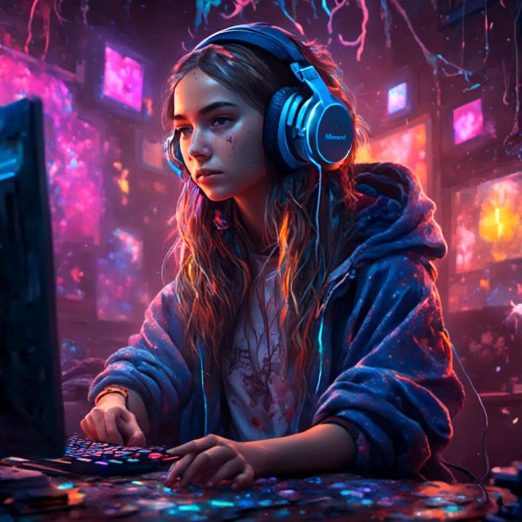 Gamer Girl Portrait in Splatter Graffiti Style