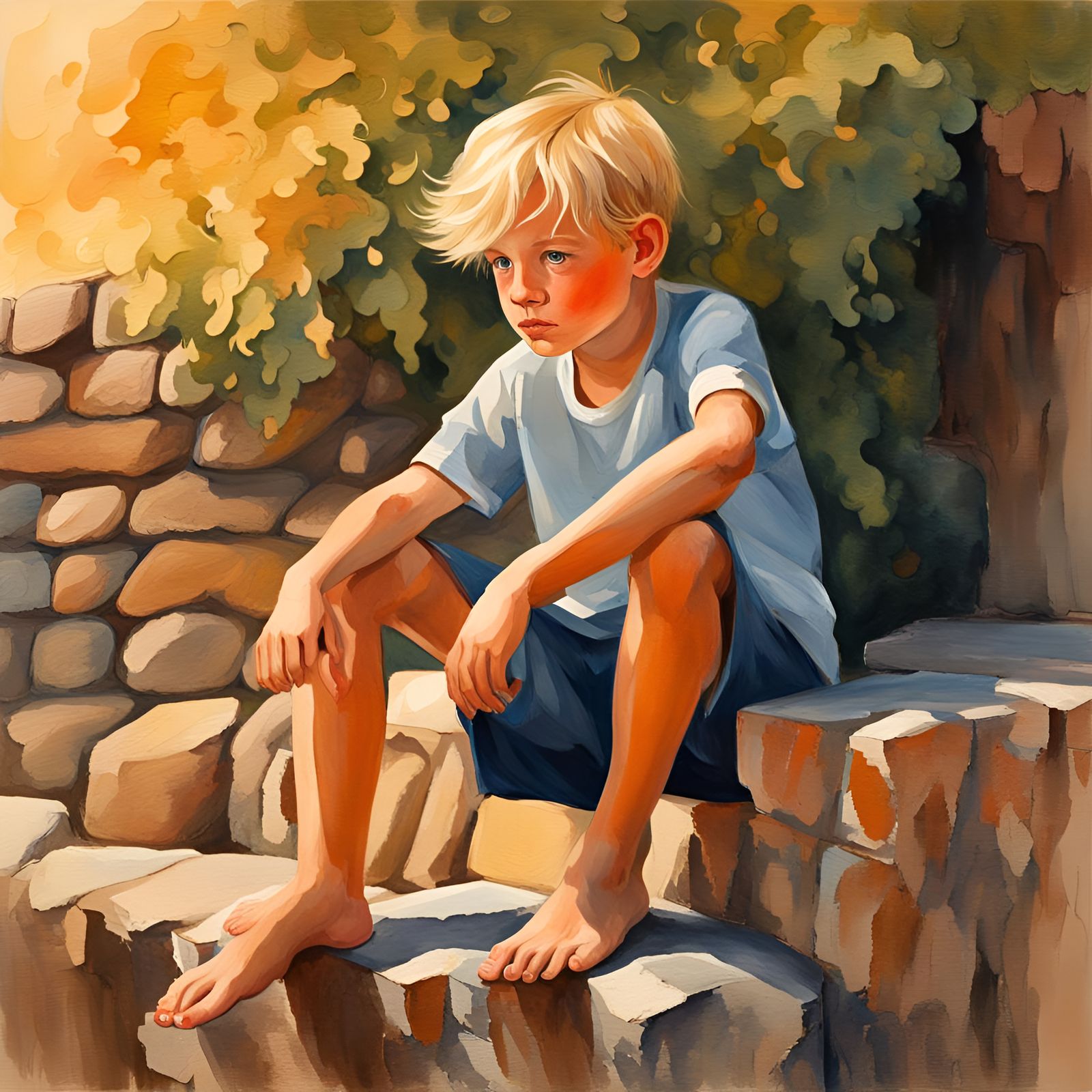 Boy on Stone Wall in Gouache Style