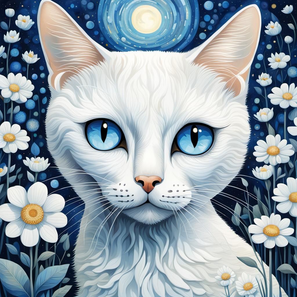 White Cat in Blue Flower Garden Nightscape