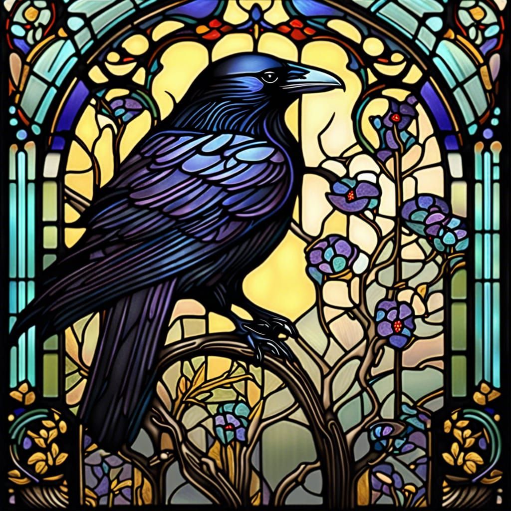 Gothic Art Nouveau Raven Hunting Ferret
